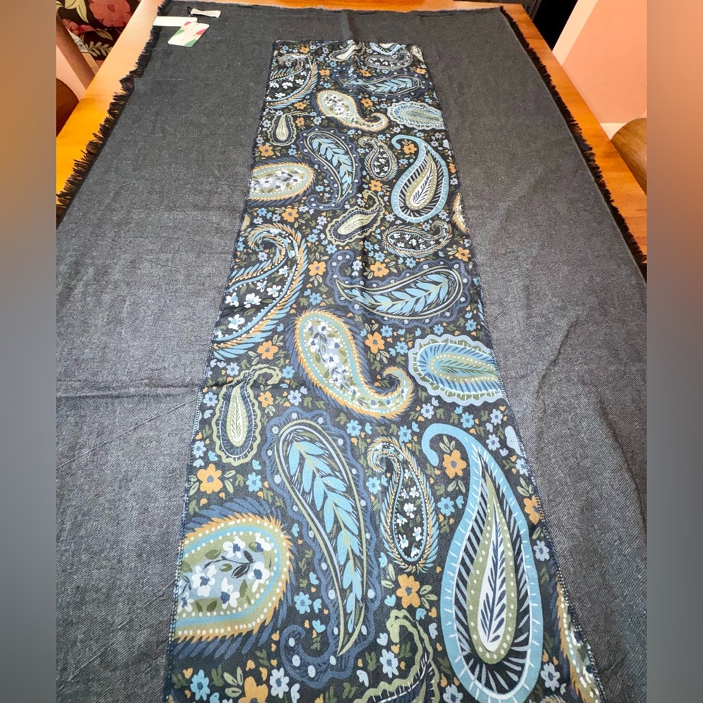 Italian Woollen Treasures Large Silk Scarf, Grey, Blue and Gold Paisley, NWT